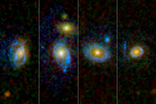 Astronomers have found unexpected rings and arcs of ultraviolet light around a selection of galaxies, four of which are shown here as viewed by NASA's and the European Space Agency's Hubble Space Telescope. Image credit: NASA/ESA /JPL-Caltech/STScI/UCLA Astronomers have found unexpected rings and arcs of ultraviolet light around a selection of galaxies, four of which are shown here as viewed by NASA's and the European Space Agency's Hubble Space Telescope. Image credit: NASA/ESA /JPL-Caltech/STScI/UCLA
