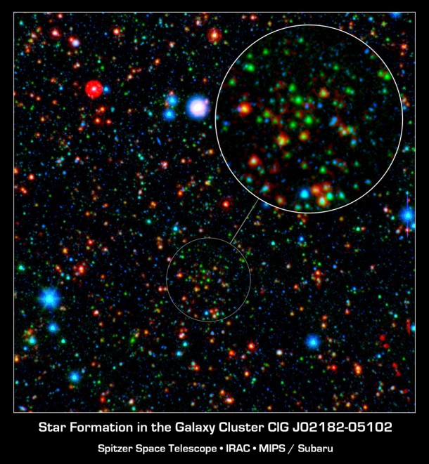 This sensitive exposure captures galaxies that are relatively local along side some that date back almost 10 billion years, soon after the Big Bang. The most distant galaxies stand out clearly in the infrared, rendered here in green and red. Image credit: NASA/JPL-Caltech/Texas A&M This sensitive exposure captures galaxies that are relatively local along side some that date back almost 10 billion years, soon after the Big Bang. The most distant galaxies stand out clearly in the infrared, rendered here in green and red. Image credit: NASA/JPL-Caltech/Texas A&M