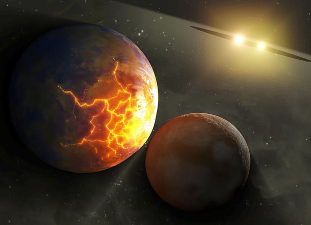 This artist's concept illustrates an imminent planetary collision around a pair of double stars. Image credit: NASA/JPL-Caltech This artist's concept illustrates an imminent planetary collision around a pair of double stars. Image credit: NASA/JPL-Caltech