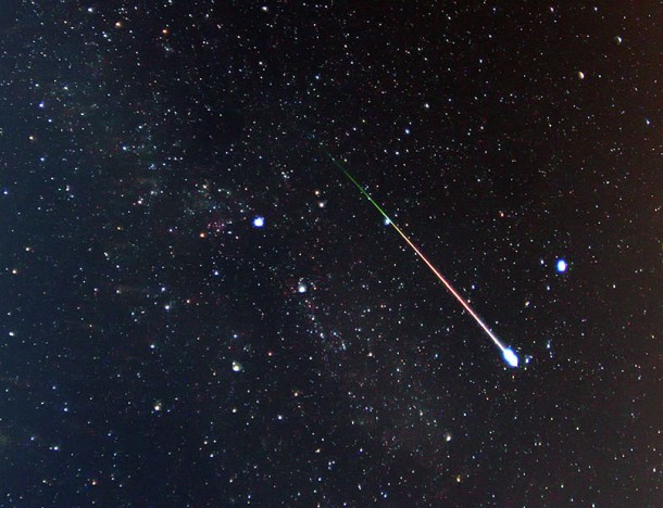 A Perseid meteor photographed in Aug. 2009 by Pete Lawrence of Selsey, UK. A Perseid meteor photographed in Aug. 2009 by Pete Lawrence of Selsey, UK.