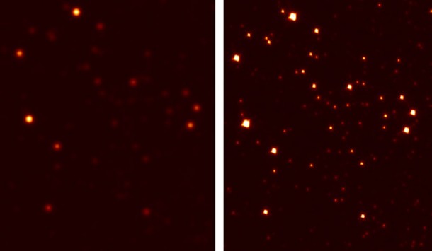 While this region of Galactic Globular Cluster M3 appears to harbor only a few fuzzy stars when viewed through conventional ground-based telescope optics (left), laser adaptive optics brings out the fainter stars and makes the image sharper (right). Credit: M. Hart While this region of Galactic Globular Cluster M3 appears to harbor only a few fuzzy stars when viewed through conventional ground-based telescope optics (left), laser adaptive optics brings out the fainter stars and makes the image sharper (right). Credit: M. Hart