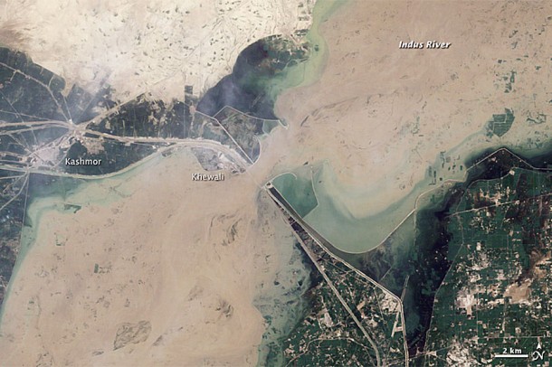 Flooding near Kashmor, Pakistan as Seen from Space on August 12, 2010. Credit: NASA Flooding near Kashmor, Pakistan as Seen from Space on August 12, 2010. Credit: NASA