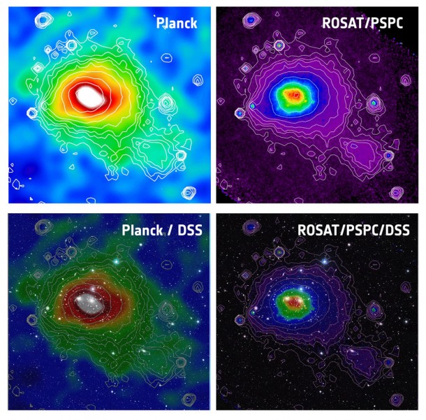 The Coma cluster as it appears through the Sunyaev-Zel'dovich Effect (top left) and X-ray emission (top right). The images are superimposed on a wide-field view of the region from the Digitised Sky Survey (lower two panels). Credit: ESA The Coma cluster as it appears through the Sunyaev-Zel'dovich Effect (top left) and X-ray emission (top right). The images are superimposed on a wide-field view of the region from the Digitised Sky Survey (lower two panels). Credit: ESA
