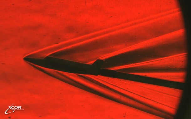 A schlieren image of the Lynx supersonic wind tunnel model at mach 4.0, 10 degree angle of attack at the NASA MSFC supersonic wind tunnel in Huntsville, AL. A schlieren image of the Lynx supersonic wind tunnel model at mach 4.0, 10 degree angle of attack at the NASA MSFC supersonic wind tunnel in Huntsville, AL.