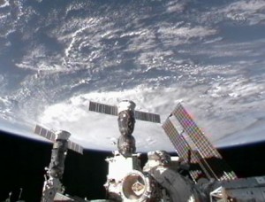 With the ISS Progress 37 cargo craft and the Soyuz TMA-18 spacecraft in the foreground, the International Space Station flies over Hurricane Earl at an altitude of 218 statute miles Monday. Credit: NASA TV With the ISS Progress 37 cargo craft and the Soyuz TMA-18 spacecraft in the foreground, the International Space Station flies over Hurricane Earl at an altitude of 218 statute miles Monday. Credit: NASA TV