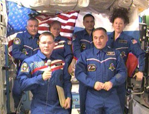 The Expedition 24 crew members participate in a ceremonial change of command ceremony aboard the International Space Station Wednesday. Credit: NASA TV The Expedition 24 crew members participate in a ceremonial change of command ceremony aboard the International Space Station Wednesday. Credit: NASA TV