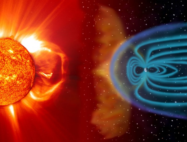 This illustration shows a CME blasting off the Sun’s surface in the direction of Earth. Credits: ESA/NASA - SOHO/LASCO/EIT This illustration shows a CME blasting off the Sun’s surface in the direction of Earth. Credits: ESA/NASA - SOHO/LASCO/EIT