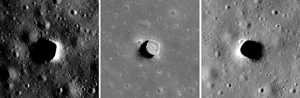 Variations in lighting reveal the structure of the fascinating lunar pit craters. The center panel, with the Sun high above, gives scientists a great view of the Maurius Hills pit floor. Each panel is 300 meters wide. Credit: NASA/GSFC/Arizona State University Variations in lighting reveal the structure of the fascinating lunar pit craters. The center panel, with the Sun high above, gives scientists a great view of the Maurius Hills pit floor. Each panel is 300 meters wide. Credit: NASA/GSFC/Arizona State University