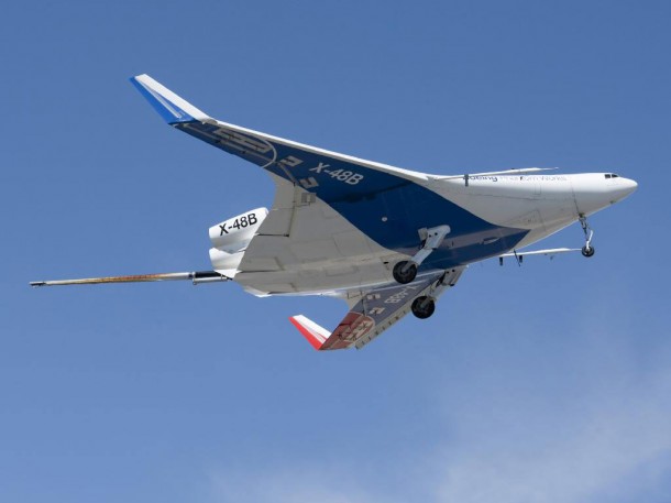 A joint NASA/Boeing team has completed the first phase of flight tests on the unique X-48B Blended Wing Body aircraft at NASA's Dryden Flight Research Center on Edwards Air Force Base, Calif. The team completed the 80th and last flight of the project's first phase on March 19, 2010. Credit: NASA / Tony Landis A joint NASA/Boeing team has completed the first phase of flight tests on the unique X-48B Blended Wing Body aircraft at NASA's Dryden Flight Research Center on Edwards Air Force Base, Calif. The team completed the 80th and last flight of the project's first phase on March 19, 2010. Credit: NASA / Tony Landis