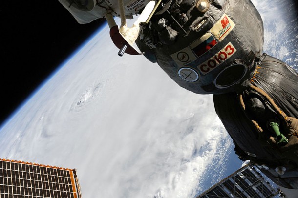 Photographed by an Expedition 24 crew member on the International Space Station, this is an oblique view that shows the eye (just left of center) of Hurricane Earl. A Russian Soyuz vehicle is docked to the station (foreground). Credit: NASA Photographed by an Expedition 24 crew member on the International Space Station, this is an oblique view that shows the eye (just left of center) of Hurricane Earl. A Russian Soyuz vehicle is docked to the station (foreground). Credit: NASA