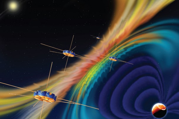 Artist conception of the four Magnetospheric Multiscale (MMS) spacecraft investigating magnetic reconnection within Earth's magnetic field (magnetosphere). Credit: Southwest Research Institute Artist conception of the four Magnetospheric Multiscale (MMS) spacecraft investigating magnetic reconnection within Earth's magnetic field (magnetosphere). Credit: Southwest Research Institute