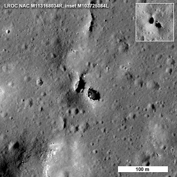 The bridge is about 7 meters (23 feet) wide on top and perhaps 9 meters (30 feet) on the bottom side, and would be a 20-meter (66-foot) walk to cross from one side to the other. Credit: NASA/Goddard/ASU The bridge is about 7 meters (23 feet) wide on top and perhaps 9 meters (30 feet) on the bottom side, and would be a 20-meter (66-foot) walk to cross from one side to the other. Credit: NASA/Goddard/ASU