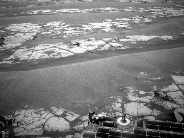 NASA's Mars Exploration Rover Opportunity used its navigation camera to record this view at the end of a 111-meter (364-foot) drive on the 2,353rd Martian day, or sol, of the rover's mission on Mars (Sept. 6, 2010). NASA's Mars Exploration Rover Opportunity used its navigation camera to record this view at the end of a 111-meter (364-foot) drive on the 2,353rd Martian day, or sol, of the rover's mission on Mars (Sept. 6, 2010).