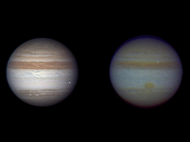 480698main_jupiter20100909-4x3_946-710 A fleeting bright dot on each of these images of Jupiter marks a small comet or asteroid burning up in the atmosphere. The image on the left was taken on June 3, 2010, by amateur astronomer Anthony Wesley, who was visiting a friend in Broken Hill, Australia, when he obtained the image with a 37-centimeter (14.5-inch) telescope.