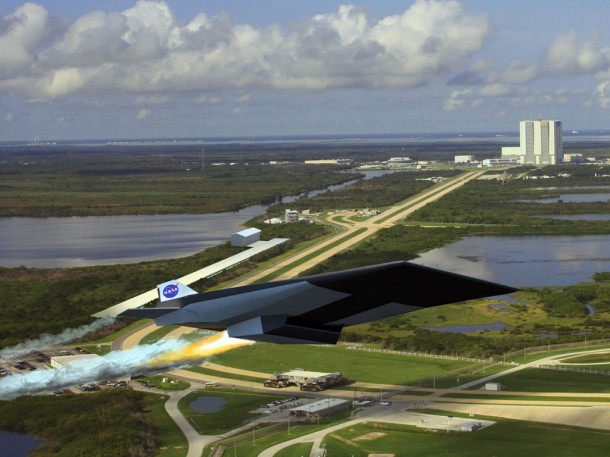 This artist's concept shows a potential design for a rail-launched aircraft and spacecraft that could revolutionize the launch business. Early designs envision a 2-mile-long track at Kennedy Space Center shooting a Mach 10-capable carrier aircraft to the upper reaches of the atmosphere. then a second stage booster would fire to lift a satellite or spacecraft into orbit. Credit: NASA/Artist concept This artist's concept shows a potential design for a rail-launched aircraft and spacecraft that could revolutionize the launch business. Early designs envision a 2-mile-long track at Kennedy Space Center shooting a Mach 10-capable carrier aircraft to the upper reaches of the atmosphere. then a second stage booster would fire to lift a satellite or spacecraft into orbit. Credit: NASA/Artist concept