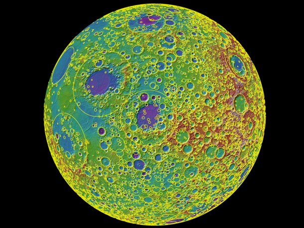 A lunar topographic map showing the Moon from the vantage point of the eastern limb. In this view, the yellow circles represent some of the 5185 craters equal to or greater than 20 km found on the Moon and counted in this study. Credit: NASA/Goddard/MIT/Brown A lunar topographic map showing the Moon from the vantage point of the eastern limb. In this view, the yellow circles represent some of the 5185 craters equal to or greater than 20 km found on the Moon and counted in this study. Credit: NASA/Goddard/MIT/Brown