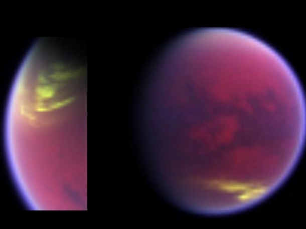 False-color image of cloud cover dissolving over Titan's north pole and clouds appearing in the southern mid latitudes. False-color image of cloud cover dissolving over Titan's north pole and clouds appearing in the southern mid latitudes.