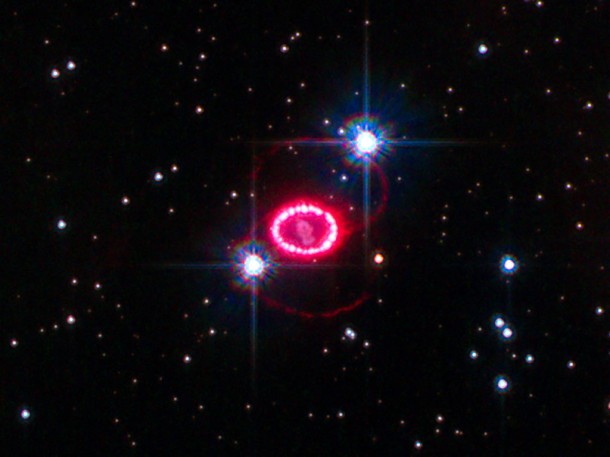 This image shows the entire region around supernova 1987A. Credit: NASA, ESA, K. France (University of Colorado, Boulder), and P. Challis and R. Kirshner (Harvard-Smithsonian Center for Astrophysics) This image shows the entire region around supernova 1987A. Credit: NASA, ESA, K. France (University of Colorado, Boulder), and P. Challis and R. Kirshner (Harvard-Smithsonian Center for Astrophysics)