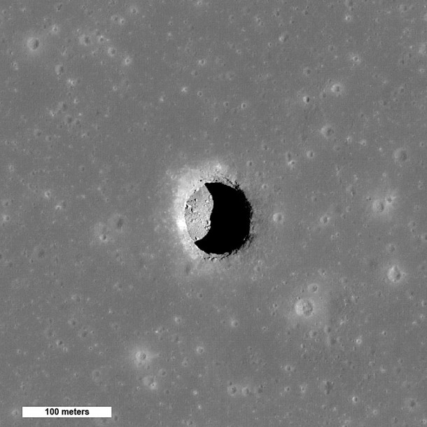 Spectacular high Sun view of the Mare Tranquillitatis pit crater revealing boulders on an otherwise smooth floor. Image is 400 meters wide, north is up. Credit: NASA/GSFC/Arizona State University Spectacular high Sun view of the Mare Tranquillitatis pit crater revealing boulders on an otherwise smooth floor. Image is 400 meters wide, north is up. Credit: NASA/GSFC/Arizona State University