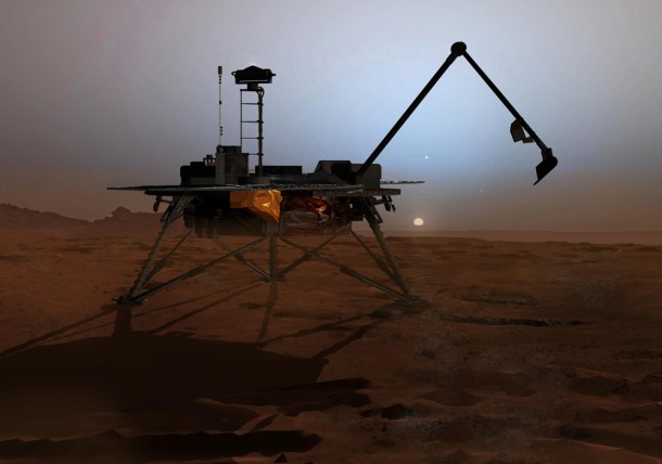 In this artist's concept illustration, NASA's Phoenix Mars Lander begins to shut down operations as winter sets in. Image Credit: NASA/JPL-Calech/University of Arizona In this artist's concept illustration, NASA's Phoenix Mars Lander begins to shut down operations as winter sets in. Image Credit: NASA/JPL-Calech/University of Arizona