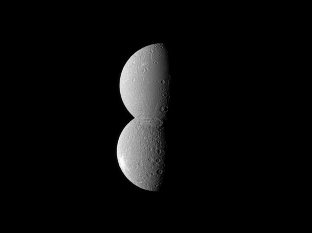 Saturn's moons Dione and Rhea appear conjoined in this optical illusion-like image taken by the Cassini spacecraft. Credit: NASA/JPL/Space Science Institute Saturn's moons Dione and Rhea appear conjoined in this optical illusion-like image taken by the Cassini spacecraft. Credit: NASA/JPL/Space Science Institute