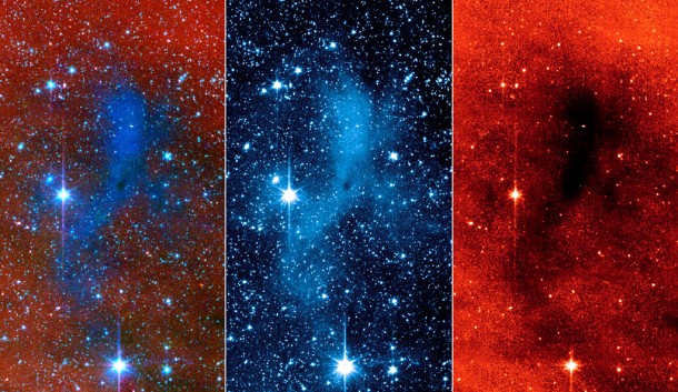This series of images from NASA's Spitzer Space Telescope shows a dark mass of gas and dust, called a core, where new stars and planets will likely spring up. Credit: NASA/JPL-Caltech/Observatoire de Paris/CNRS This series of images from NASA's Spitzer Space Telescope shows a dark mass of gas and dust, called a core, where new stars and planets will likely spring up. Credit: NASA/JPL-Caltech/Observatoire de Paris/CNRS