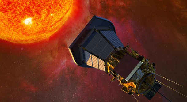 The Solar Probe Plus spacecraft with solar panels folded into the shadows of its protective shield, gathers data on its approach to the Sun. Credit: JHU/APL The Solar Probe Plus spacecraft with solar panels folded into the shadows of its protective shield, gathers data on its approach to the Sun. Credit: JHU/APL