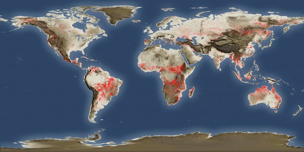 The ESA global detection of hot spots by ERS-2's Along Track Scanning Radiometer (ATSR-2) and Envisat's Advanced Along Track Scanning Radiometer (AATSR) from July 1996 to August 2010. These twin radiometer sensors work like thermometers in the sky, measuring thermal infrared radiation to take the temperature of Earth's land surfaces. Temperatures exceeding 312º K (38.85 ºC) are classed as burning fires. Credits: ESA The ESA global detection of hot spots by ERS-2's Along Track Scanning Radiometer (ATSR-2) and Envisat's Advanced Along Track Scanning Radiometer (AATSR) from July 1996 to August 2010. These twin radiometer sensors work like thermometers in the sky, measuring thermal infrared radiation to take the temperature of Earth's land surfaces. Temperatures exceeding 312º K (38.85 ºC) are classed as burning fires. Credits: ESA