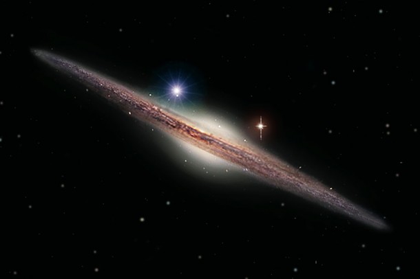 This is an artist's impression of the source HLX-1 (represented by the light blue object to the top left of the galactic bulge) in the periphery of the edge-on spiral galaxy ESO 243-49. This is the first strong evidence for the existence of intermediate mass black holes. Credit: Heidi Sagerud This is an artist's impression of the source HLX-1 (represented by the light blue object to the top left of the galactic bulge) in the periphery of the edge-on spiral galaxy ESO 243-49. This is the first strong evidence for the existence of intermediate mass black holes. Credit: Heidi Sagerud