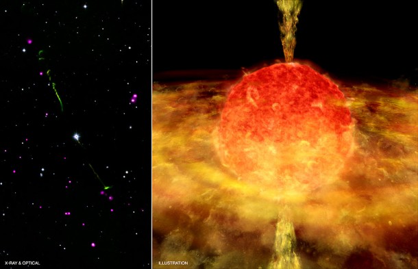 The composite image on the left shows X-ray and optical data for BP Piscium (BP Psc), a more evolved version of our Sun about 1,000 light years from Earth. A close-up view is shown by the artist's impression on the right. Credit: X-ray: NASA/CXC/RIT/J. Kastner et al. Optical: UCO/Lick/STScI/M. Perrin et al. Illustration: CXC/M. Weiss The composite image on the left shows X-ray and optical data for BP Piscium (BP Psc), a more evolved version of our Sun about 1,000 light years from Earth. A close-up view is shown by the artist's impression on the right. Credit: X-ray: NASA/CXC/RIT/J. Kastner et al. Optical: UCO/Lick/STScI/M. Perrin et al. Illustration: CXC/M. Weiss