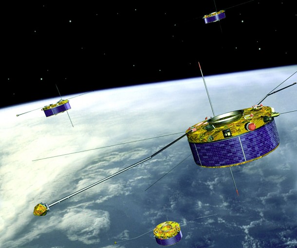 An artist's impression of the Cluster quartet. Credits: ESA