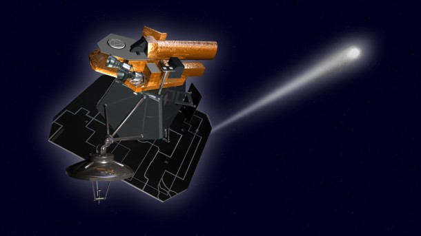 NASA's Deep Impact/EPOXI spacecraft flew past Earth on June 27, 2010, to get a boost from Earth’s gravity. It is now on its way to comet Hartley 2, depicted in this artist’s concept, with a planned flyby this fall. Image credit: NASA/JPL-Caltech NASA's Deep Impact/EPOXI spacecraft flew past Earth on June 27, 2010, to get a boost from Earth’s gravity. It is now on its way to comet Hartley 2, depicted in this artist’s concept, with a planned flyby this fall. Image credit: NASA/JPL-Caltech