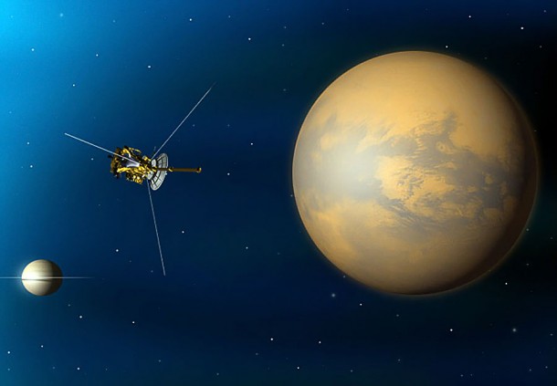 Artist's concept of Cassini's Sept. 24, 2010, flyby of Saturn's moon Titan. Image credit: NASA/JPL-Caltech Artist's concept of Cassini's Sept. 24, 2010, flyby of Saturn's moon Titan. Image credit: NASA/JPL-Caltech