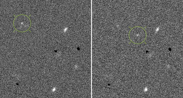 Two images of 2010 ST3 (circled in green) taken by PS1 about 15 minutes apart on the night of September 16 show the asteroid moving against the background field of stars and galaxies. Each image is about 100 arc seconds across. Credit: PS1SC Two images of 2010 ST3 (circled in green) taken by PS1 about 15 minutes apart on the night of September 16 show the asteroid moving against the background field of stars and galaxies. Each image is about 100 arc seconds across. Credit: PS1SC