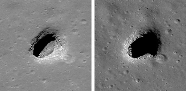 Two views of Mare Ingenii pit. Credit: NASA/GSFC/Arizona State University
