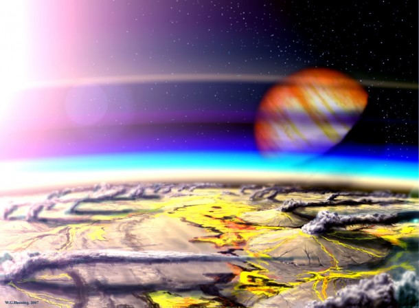 This artist's conception shows an extremely volcanic moon orbiting a gas giant planet in another star system. New research suggests that astronomers using the James Webb Space Telescope could potentially detect volcanic activity on a distant Earth-sized planet by measuring volcanic gases in its atmosphere. Credit: Wade Henning This artist's conception shows an extremely volcanic moon orbiting a gas giant planet in another star system. New research suggests that astronomers using the James Webb Space Telescope could potentially detect volcanic activity on a distant Earth-sized planet by measuring volcanic gases in its atmosphere. Credit: Wade Henning