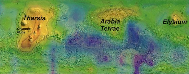 Map of methane concentrations in Autumn (first martian year observed). Peak emissions fall over Tharsis (home to the Solar System's largest volcano, Olympus Mons), the Arabia Terrae plains and the Elysium region, also the site of volcanos. Bottom: True colour map of Mars. Credit: NASA/Università del Salento Map of methane concentrations in Autumn (first martian year observed). Peak emissions fall over Tharsis (home to the Solar System's largest volcano, Olympus Mons), the Arabia Terrae plains and the Elysium region, also the site of volcanos. Bottom: True colour map of Mars. Credit: NASA/Università del Salento