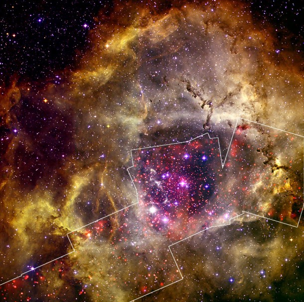 Rosette Nebula: The Heart of a Rose. Credit: X-ray (NASA/CXC/SAO/J. Wang et al), Optical (DSS & NOAO/AURA/NSF/KPNO 0.9-m/T. Rector et al) Rosette Nebula: The Heart of a Rose. Credit: X-ray (NASA/CXC/SAO/J. Wang et al), Optical (DSS & NOAO/AURA/NSF/KPNO 0.9-m/T. Rector et al)