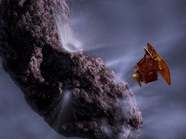 This artist's concept shows us the first time Deep Impact encountered a comet - Tempel 1 in July 2005. Deep Impact, now in an extended mission called EPOXI, will fly by its next comet, Hartley 2, on Nov. 4, 2010. Image Credit: NASA/JPL-Caltech/UMD This artist's concept shows us the first time Deep Impact encountered a comet - Tempel 1 in July 2005. Deep Impact, now in an extended mission called EPOXI, will fly by its next comet, Hartley 2, on Nov. 4, 2010. Image Credit: NASA/JPL-Caltech/UMD