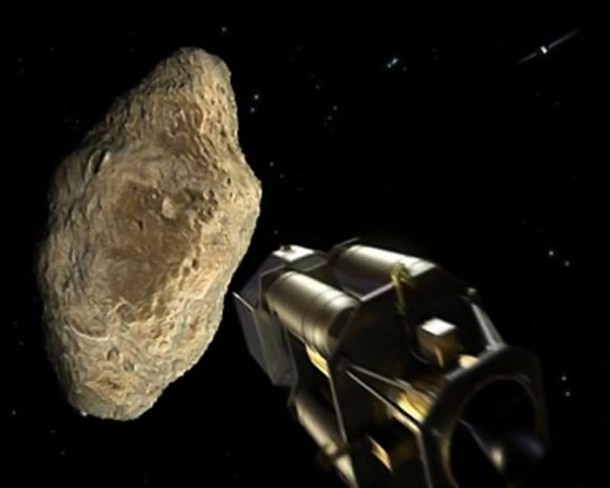 Artist concept of an impactor heading towards an asteroid. Credit: ESA