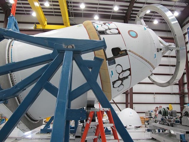 The Dragon spacecraft is mounted on the breakover fixture in the hangar at Cape Canaveral. Photo: Brian Attiyeh / SpaceX. The Dragon spacecraft is mounted on the breakover fixture in the hangar at Cape Canaveral. Photo: Brian Attiyeh / SpaceX.