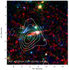 This is an example of a teenage galaxy. The white contours show the new measurements of carbon emissions, which have led to a drastic reassessment of the gas mass of these young galaxies. Credit: Ivision et al. 2010 This is an example of a teenage galaxy. The white contours show the new measurements of carbon emissions, which have led to a drastic reassessment of the gas mass of these young galaxies. Credit: Ivision et al. 2010