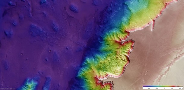 Melas Chasma is part of the huge Valles Marineris rift valley, which stretches for more than 4000 km across the face of Mars. Elevation data from the DTM are colour-coded: purple indicates the lowest-lying regions, and beige the highest elevations. The scale is in metres. Credits: ESA/DLR/FU Berlin (G. Neukum) Melas Chasma is part of the huge Valles Marineris rift valley, which stretches for more than 4000 km across the face of Mars. Elevation data from the DTM are colour-coded: purple indicates the lowest-lying regions, and beige the highest elevations. The scale is in metres. Credits: ESA/DLR/FU Berlin (G. Neukum)