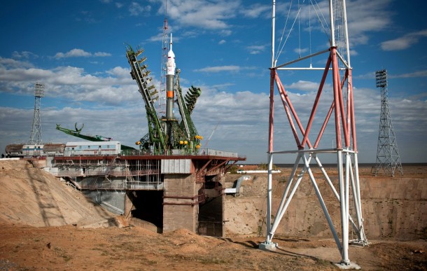 Launch scaffolding is raised into place around the Soyuz rocket shortly after arrival to the launch pad Tuesday at the Baikonur Cosmodrome in Kazakhstan. Credit: NASA/Carla Cioffi Launch scaffolding is raised into place around the Soyuz rocket shortly after arrival to the launch pad Tuesday at the Baikonur Cosmodrome in Kazakhstan. Credit: NASA/Carla Cioffi