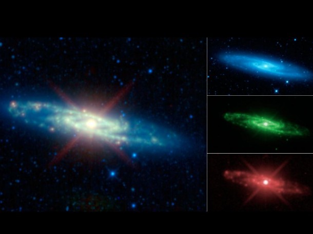 The Sculptor galaxy is shown in different infrared hues, in this new mosaic from NASA's Wide-field Infrared Survey Explorer, or WISE. Image credit: NASA/JPL-Caltech/UCLA