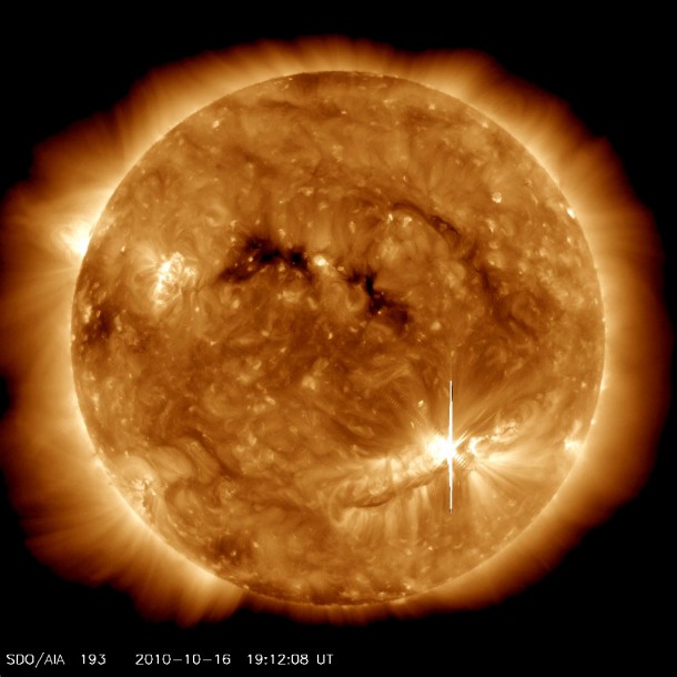 On Saturday, October 16, NASA’s Solar Dynamics Observatory captured this stunning image of one of the most intense, solar flares seen in the past few months. So far there have been no reports of energetic particles from this M-class flare interfering with NASA spacecraft or making their way to Earth. Image credit: NASA/SDO/AIA On Saturday, October 16, NASA’s Solar Dynamics Observatory captured this stunning image of one of the most intense, solar flares seen in the past few months. So far there have been no reports of energetic particles from this M-class flare interfering with NASA spacecraft or making their way to Earth. Image credit: NASA/SDO/AIA
