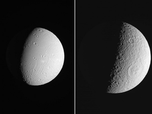 NASA's Cassini spacecraft took these two wide-angle images of the Saturnian moons Dione and Rhea on Oct. 17, 2010. The images are raw images that have not been validated or calibrated. credit: NASA/JPL/SSI NASA's Cassini spacecraft took these two wide-angle images of the Saturnian moons Dione and Rhea on Oct. 17, 2010. The images are raw images that have not been validated or calibrated. credit: NASA/JPL/SSI