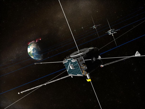 An artist's concept of the THEMIS spacecraft in orbit around Earth. Credit: NASA 