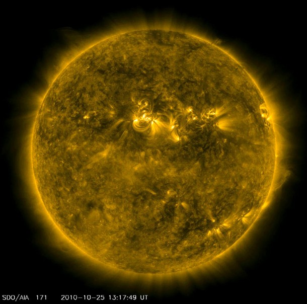 A still from the video showing a large active region currently in the northern hemisphere of the Sun, there has been a flurry of small solar flares over the past day. Credit: NASA/SDO/AIA