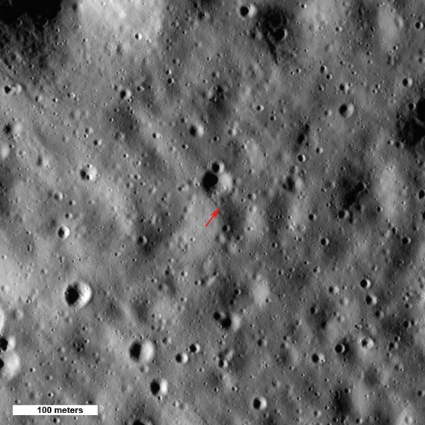 Arrow shows highest point on the Moon, 10,786 meters (35,387 feet) above the mean radius. North is up, Sun elevation is 16° from the horizon, image 500 meters wide, from M133865651L,R mosaic. Credit: NASA/GSFC/Arizona State University Arrow shows highest point on the Moon, 10,786 meters (35,387 feet) above the mean radius. North is up, Sun elevation is 16° from the horizon, image 500 meters wide, from M133865651L,R mosaic. Credit: NASA/GSFC/Arizona State University